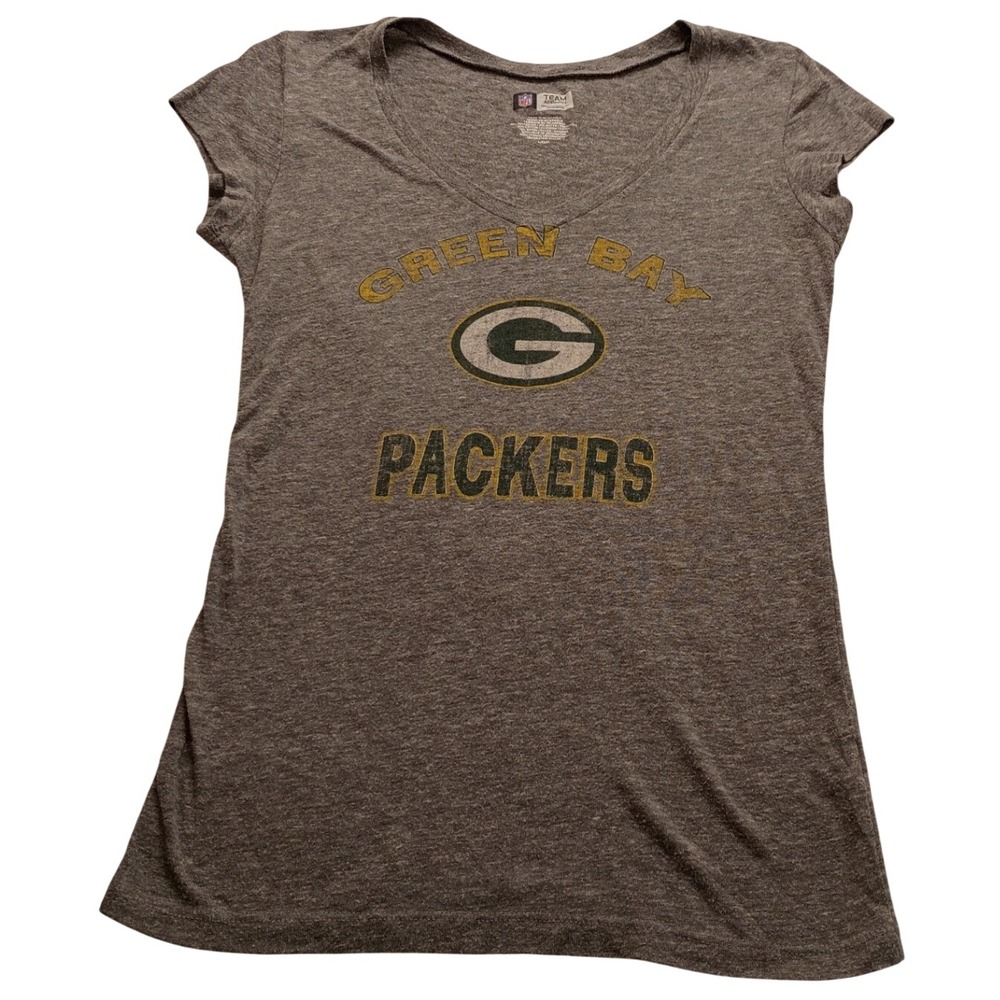 NFL Team Apparel T-Shirt Women's Green Bay Packers V-Neck Gray Size L Casual